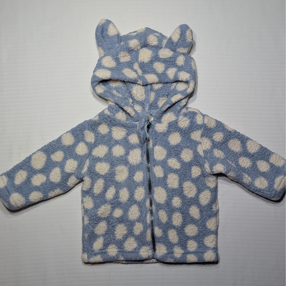 Hanna Andersson Baby 6-12M 70cm Blue White Dot Sherpa Bear Ear Hoodie Jacket